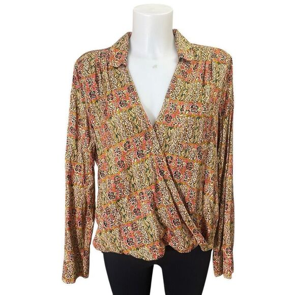 Anthropologie Pilcro Tisha Surplice Blouse‎ Feminine Faux Wrap Aztec Size S - Picture 1 of 11